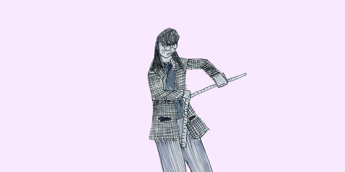 Garitma, mujer midiendo con regla, dibujo marcador sobre papel