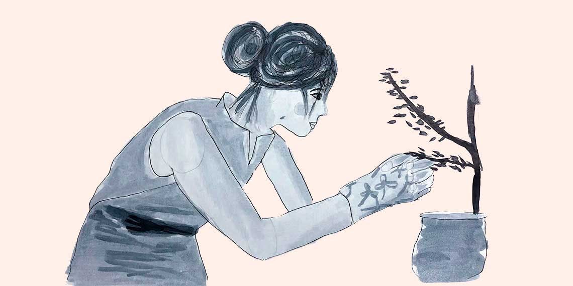 Garitma, mujer haciendo jardinería, dibujo marcador sobre papel