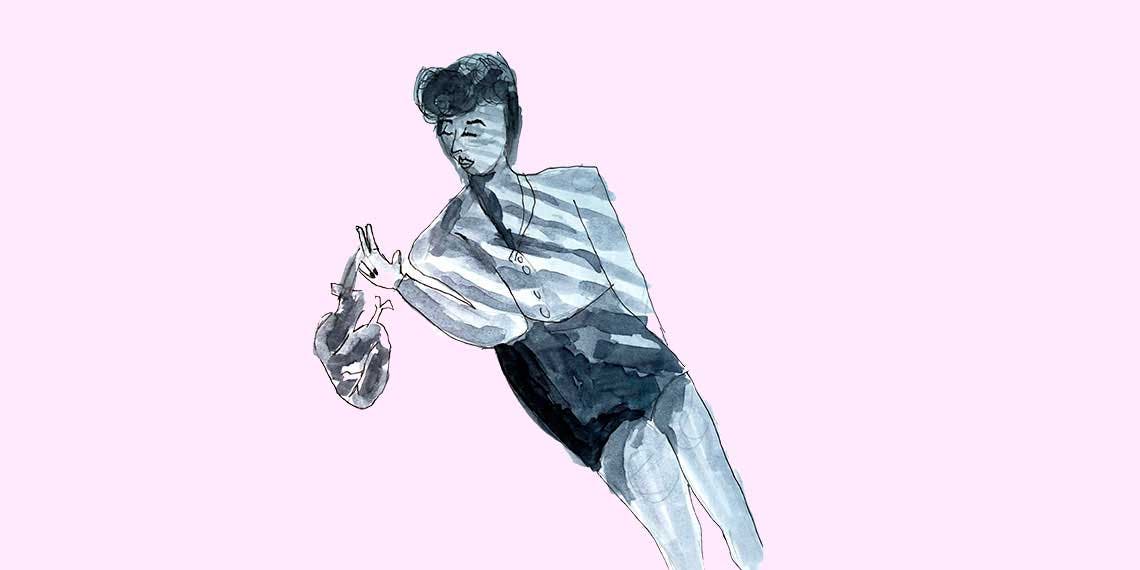 Garitma, mujer lanzando un corazón la suelo, dibujo marcador sobre papel