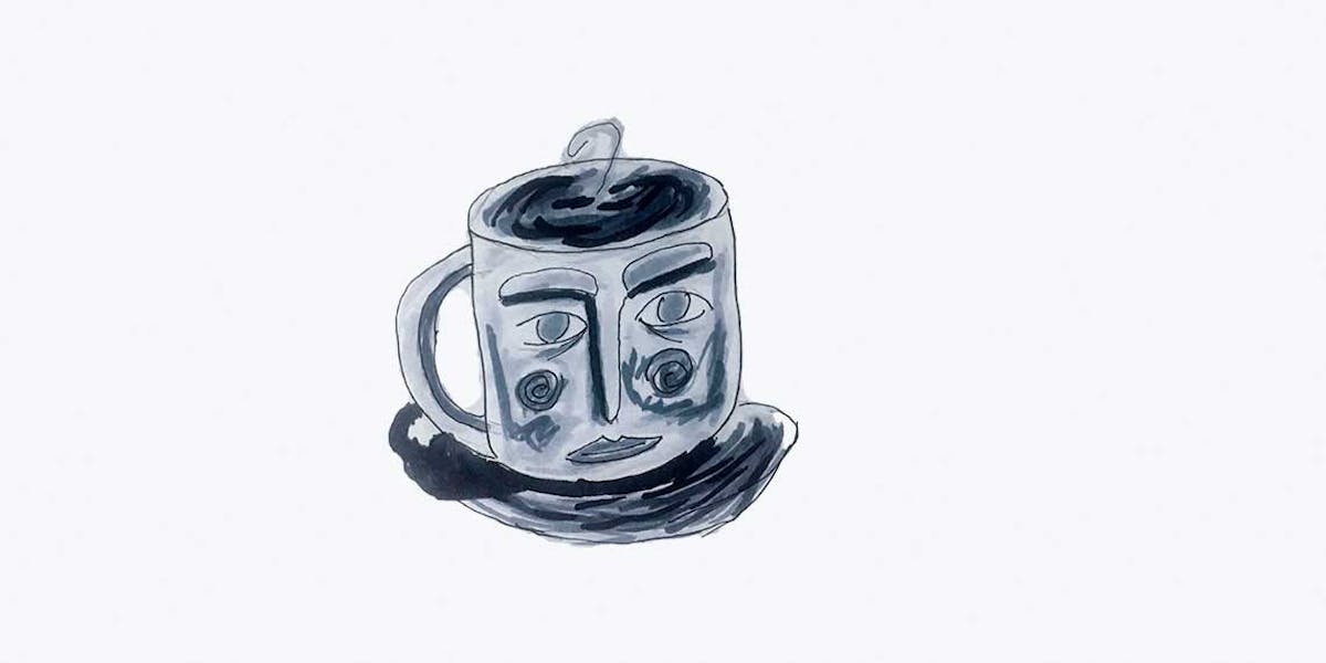 Garitma, tasa de café con rostro, dibujo marcador sobre papel