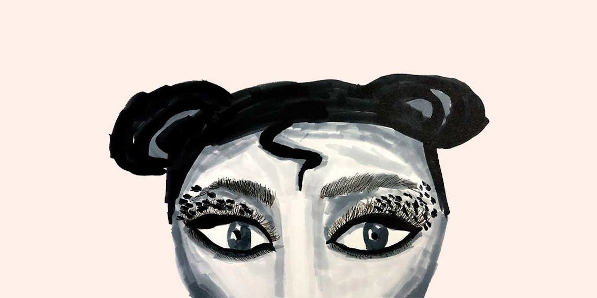 Garitma, cabeza de mujer con maquillaje en los ojos, dibujo marcador sobre papel