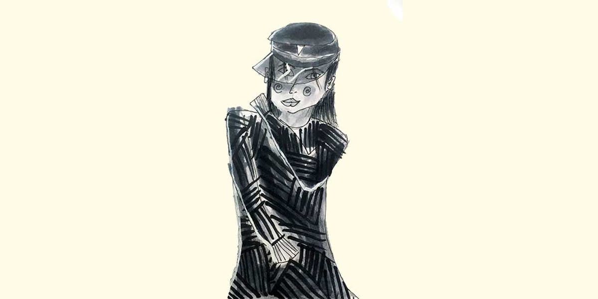 Garitma, mujer posando con gorra y vestido de rayas, dibujo marcador sobre papel