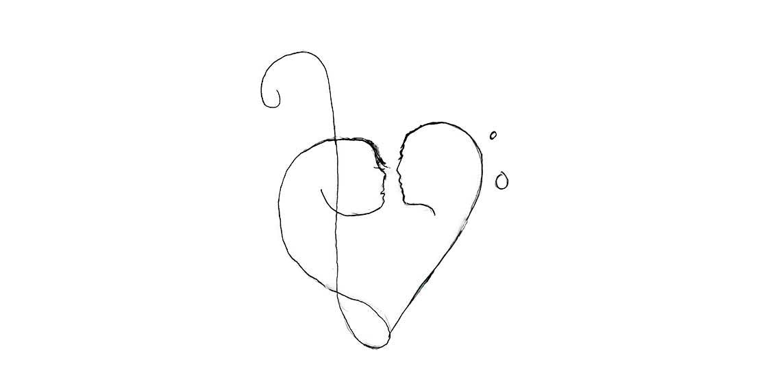 Garitma, corazón formando un beso, dibujo micro punta sobre papel