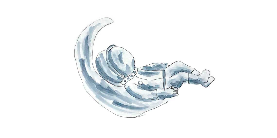 Garitma, astronauta recostado sobre la luna creciente, dibujo marcador sobre papel