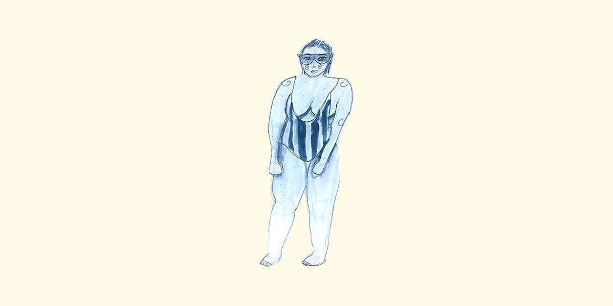 Garitma, mujer en vestido de baño de una pieza y gafas de sol, dibujo marcador sobre papel