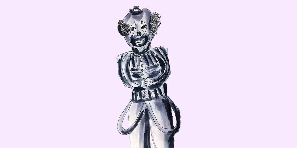 Garitma, payaso con manos cruzadas, dibujo marcador sobre papel