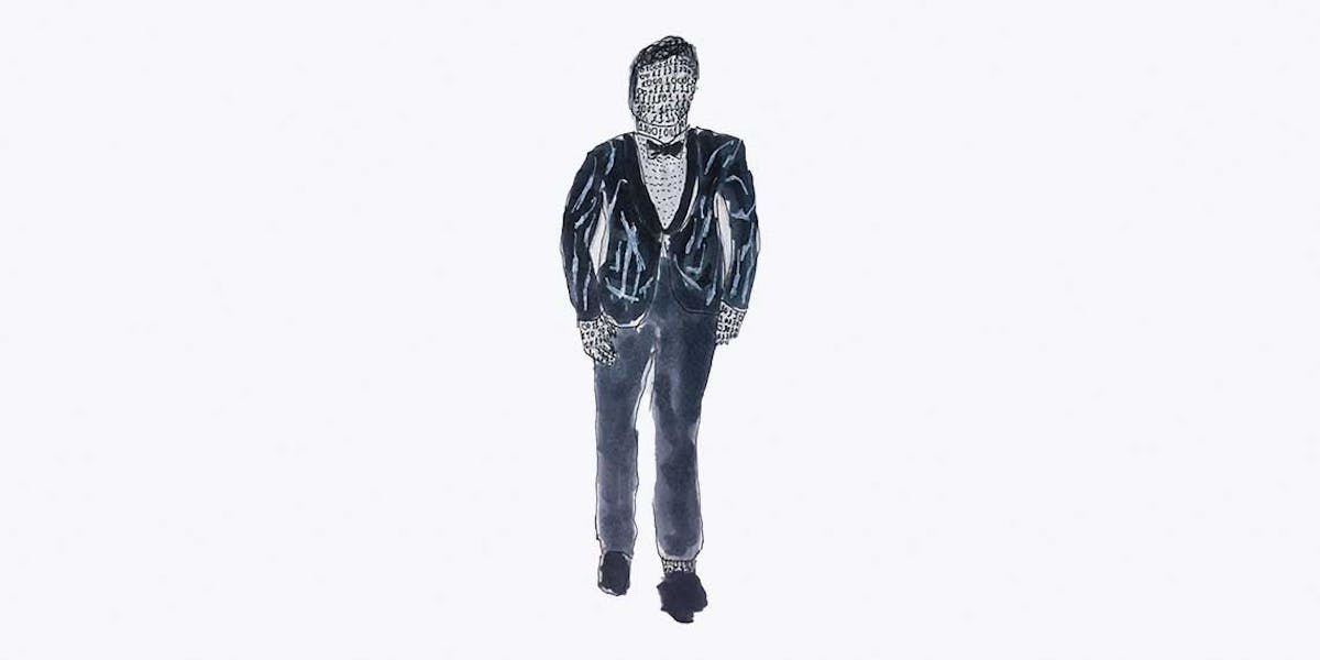 Garitma, hombre con traje caminando y con números en la piel, dibujo marcador sobre papel