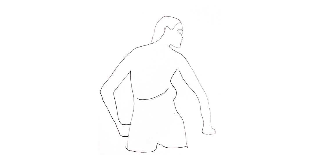 Garitma, mujer de espalda con la espalda semi descubierta minimalista, dibujo micro punta sobre papel