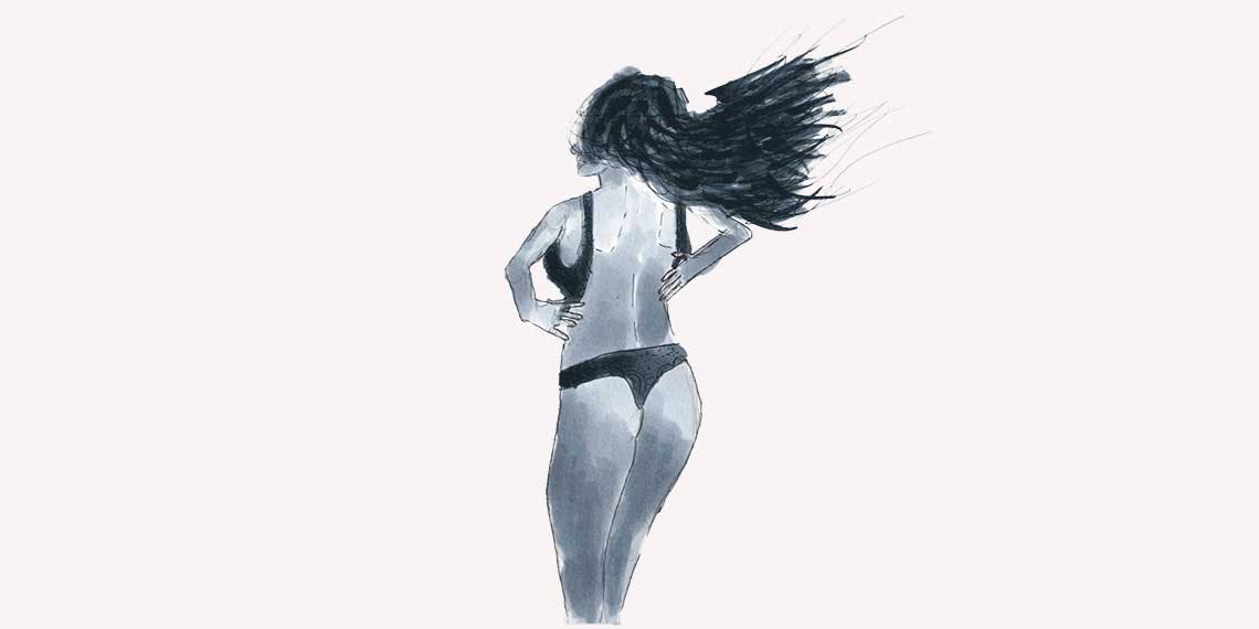 Garitma, mujer quitándose el sostén, dibujo marcador sobre papel