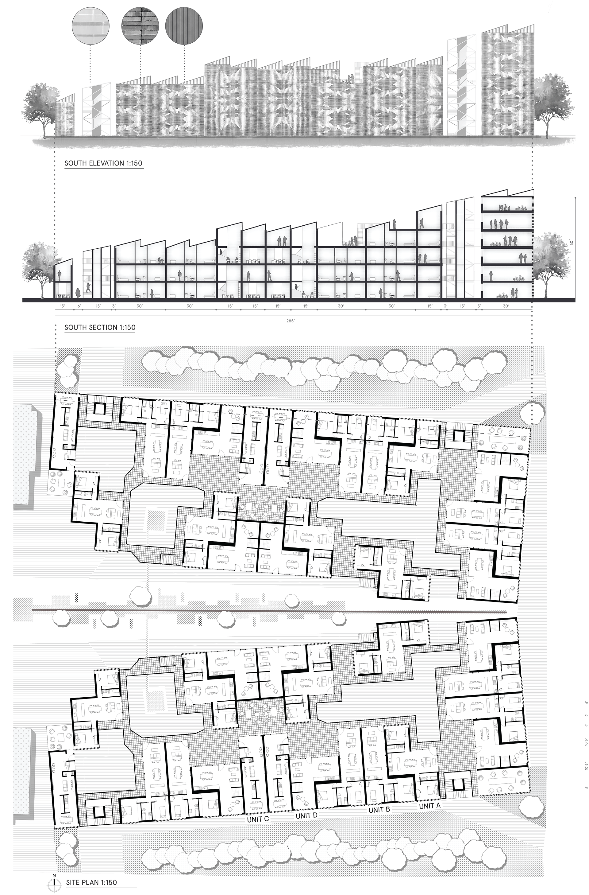 These plan, section, and elevation show the variability and versatility of the configurations.
