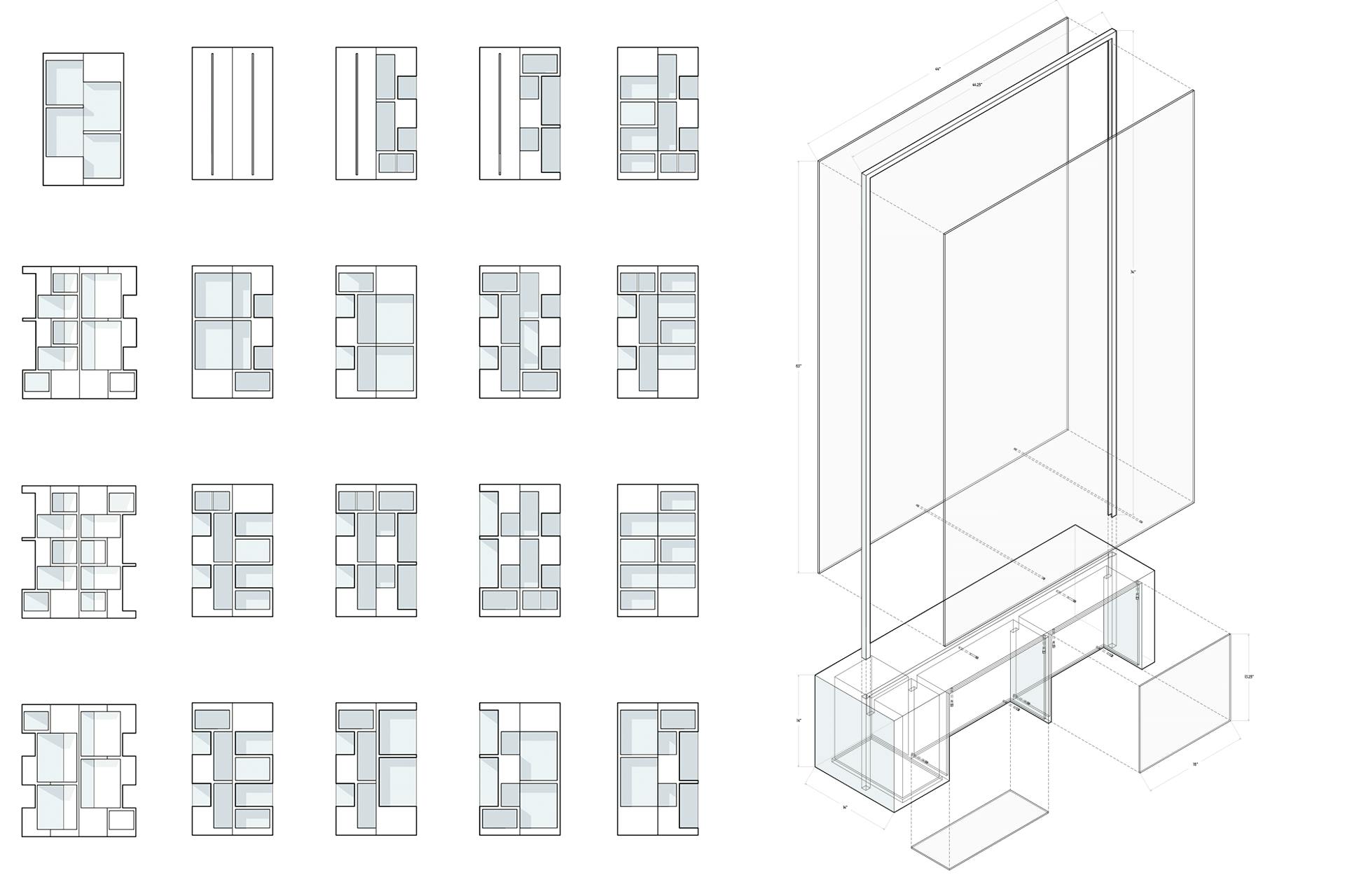 Adjusting rotations allows for varying display exhibit sizes. One permutation has a space for adding-on placing display case.