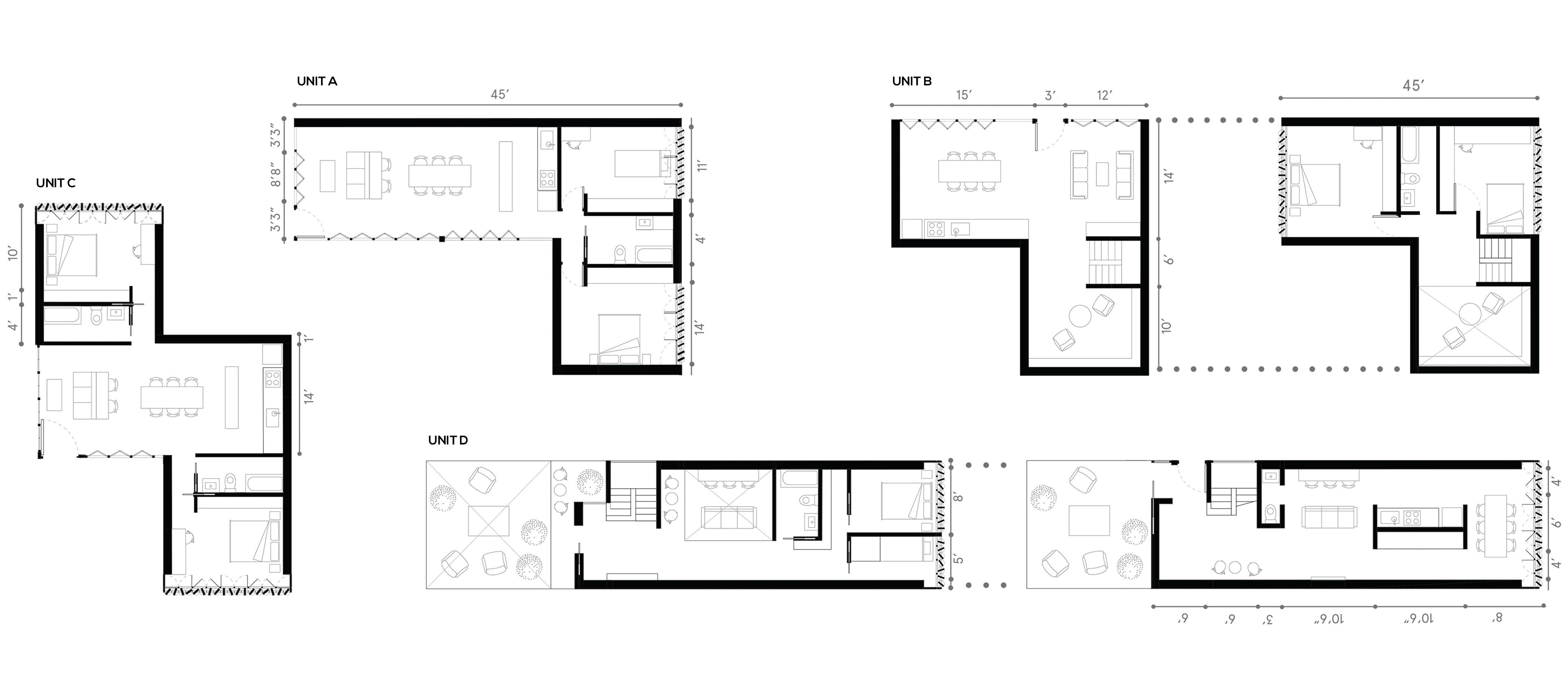 Tetris-like apartments stack and arrange to form neighborhood spaces.