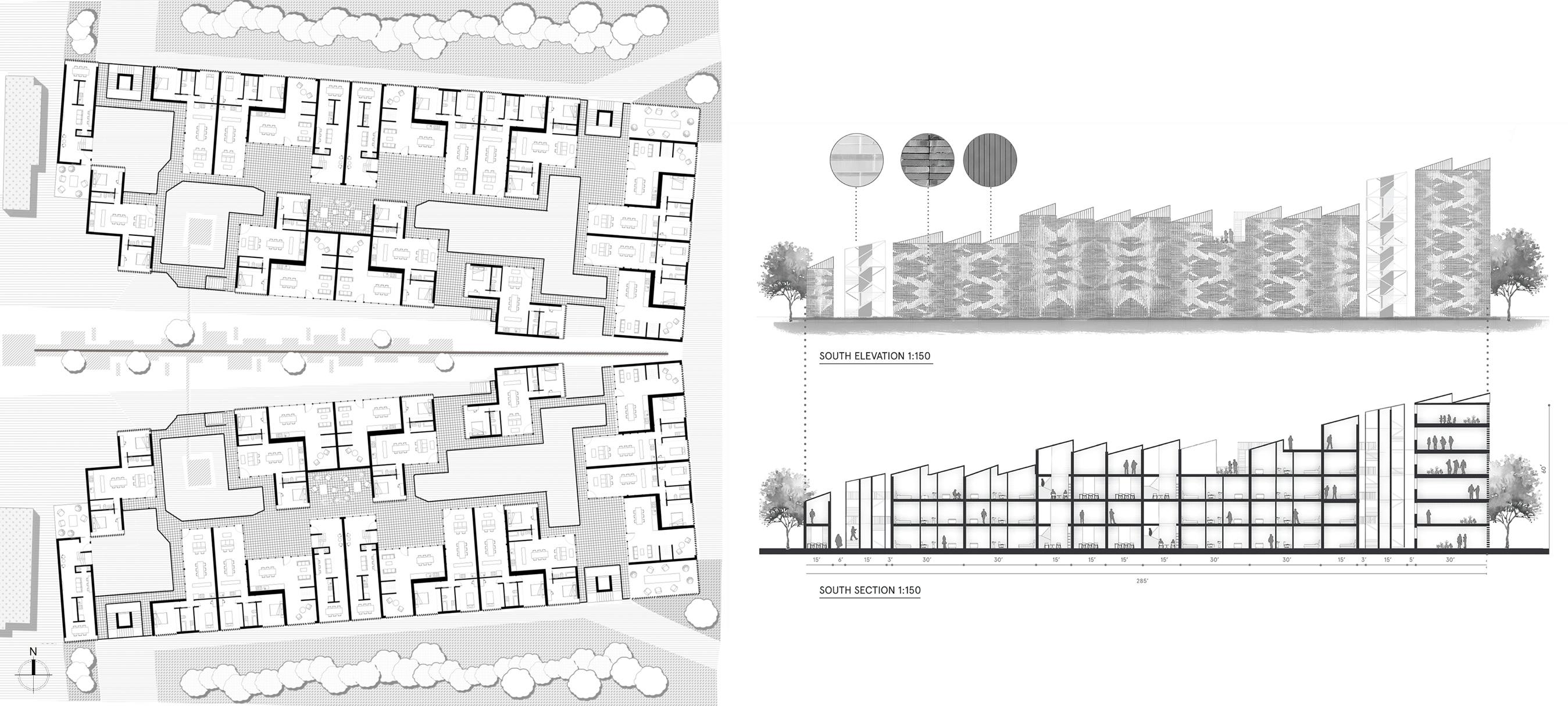 The work is hierarchical, with an open central space leading to smaller inlets to each apartment.