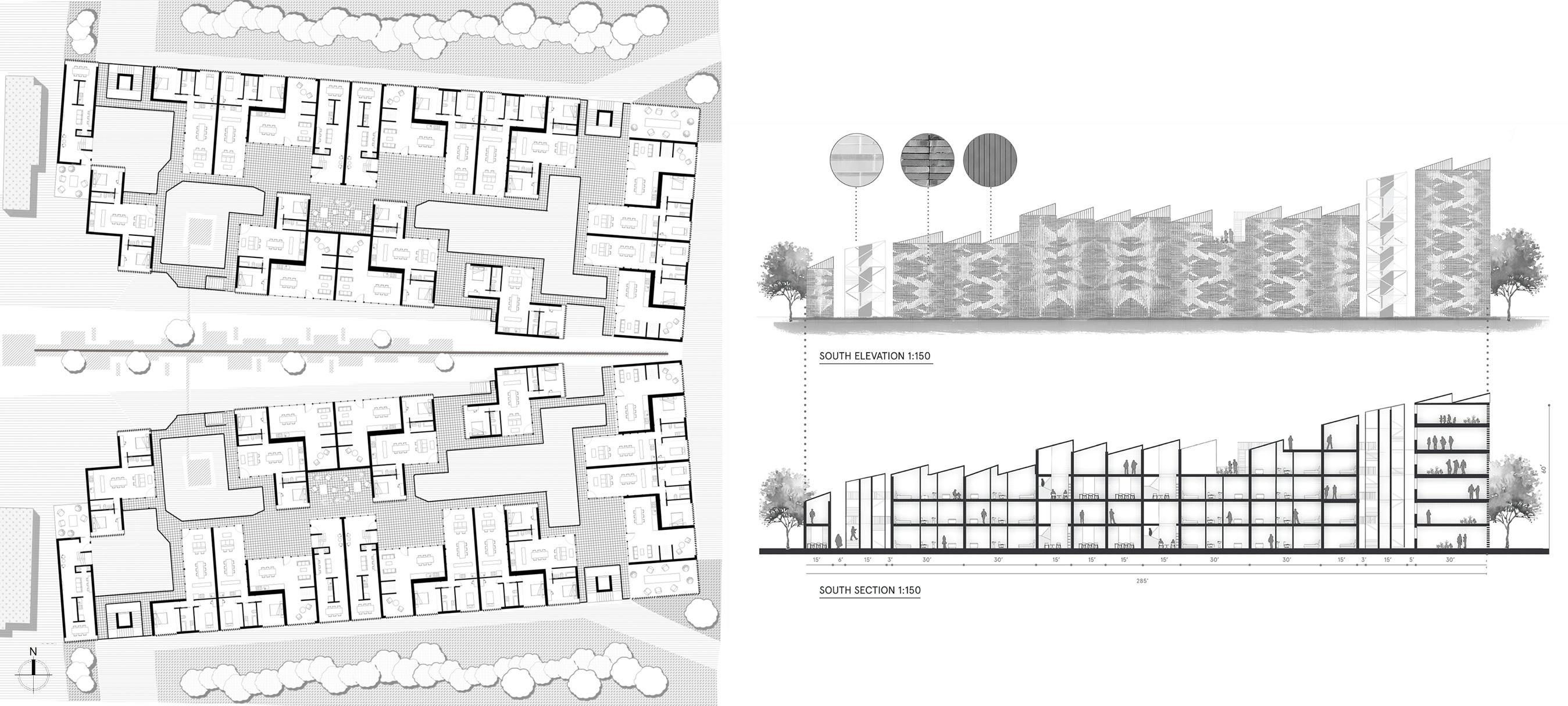 The work is hierarchical, with an open central space leading to smaller inlets to each apartment.  