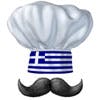 Kochhut mit griechischer Flagge aufgedruckt und Schnautzer der darunter schwebt