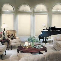 arched window with cellular shades in a living room