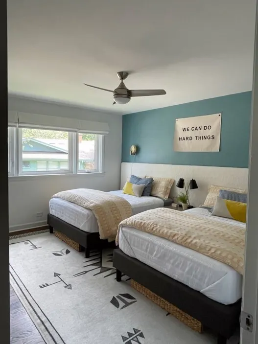 bedroom two beds designer roman shades