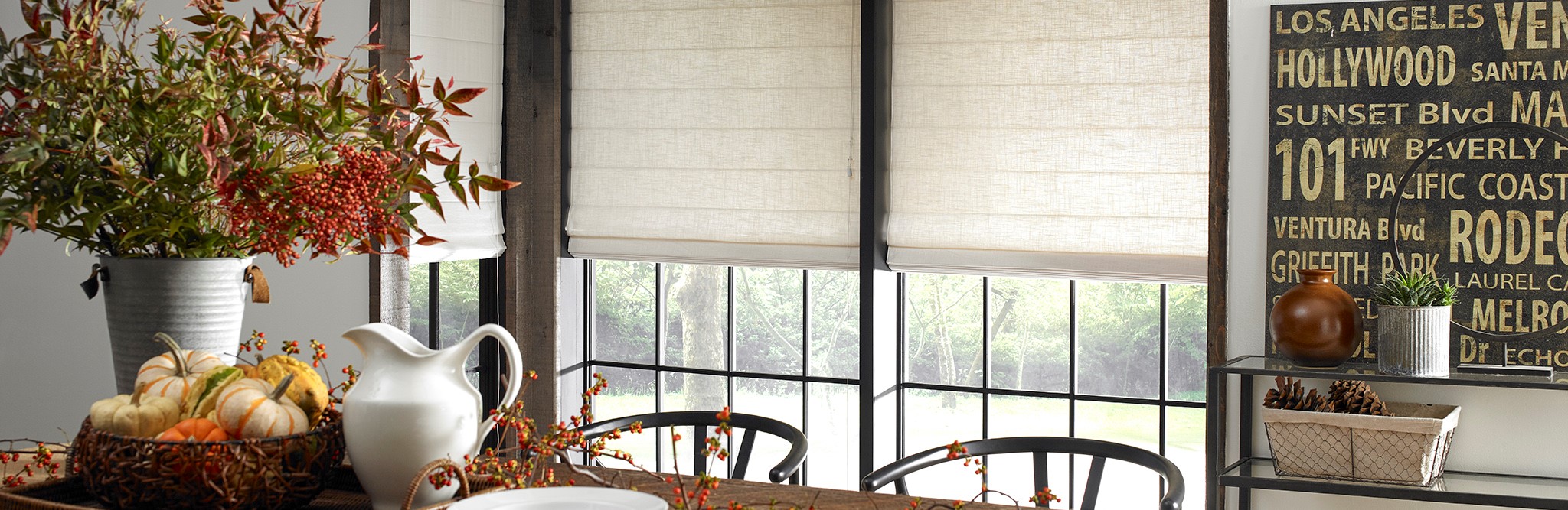Black Friday sale header with a fall themed dining room and white shades in the window
