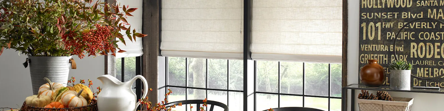 Black Friday sale header with a fall themed dining room and white shades in the window