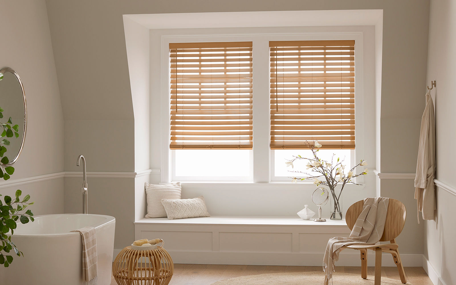 Faux wood shutters on windows