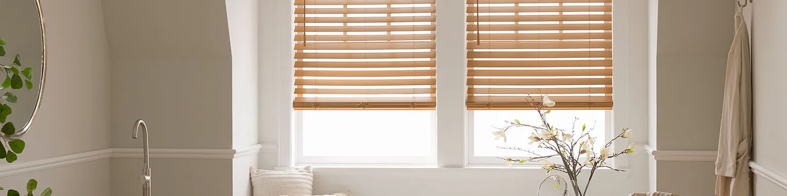Faux wood shutters on windows