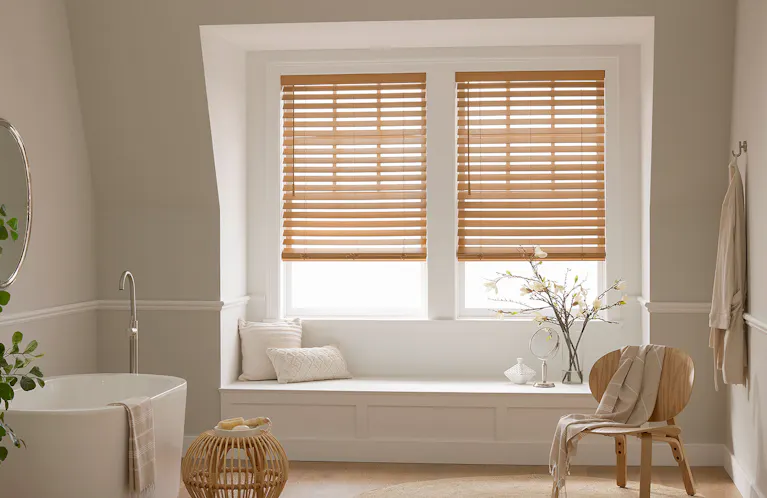 Faux wood shutters on windows