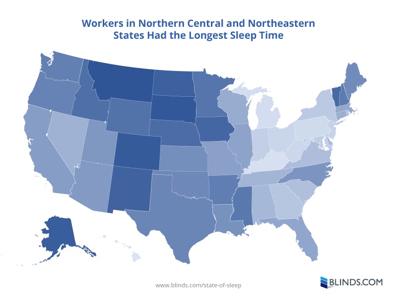 Map showing average hours of sleep for workers by state. Data from CDC.