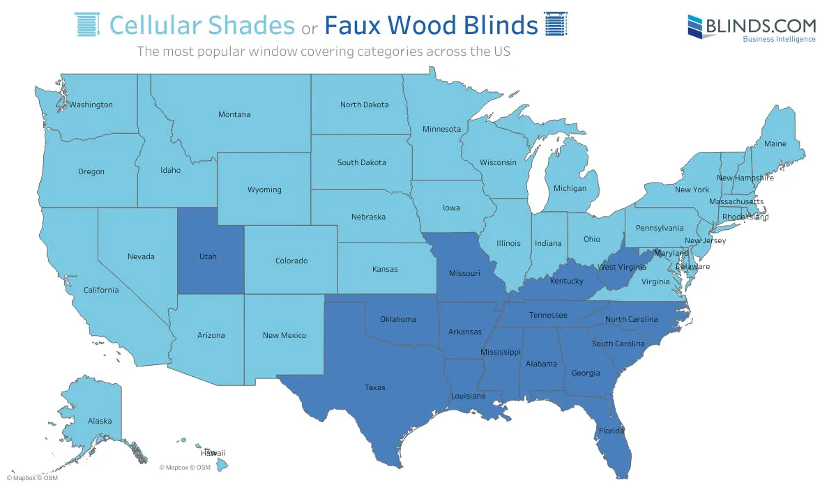 map of the United States showing popularity of cellular shades or faux wood blinds by state
