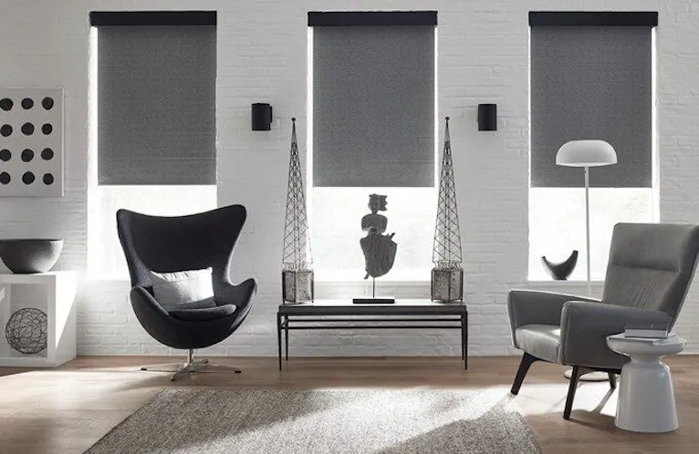blinds.com blackout roller shade in a modern living room