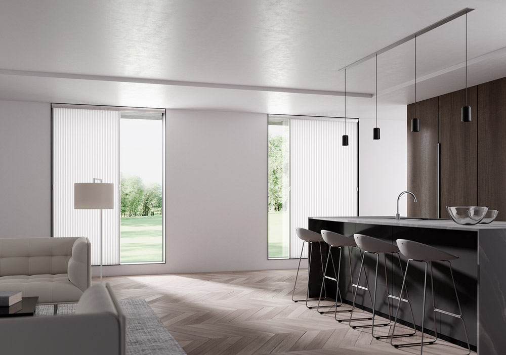 Picture window in modern kitchen with vertical cellular shades