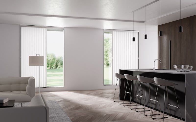 Picture window in modern kitchen with vertical cellular shades
