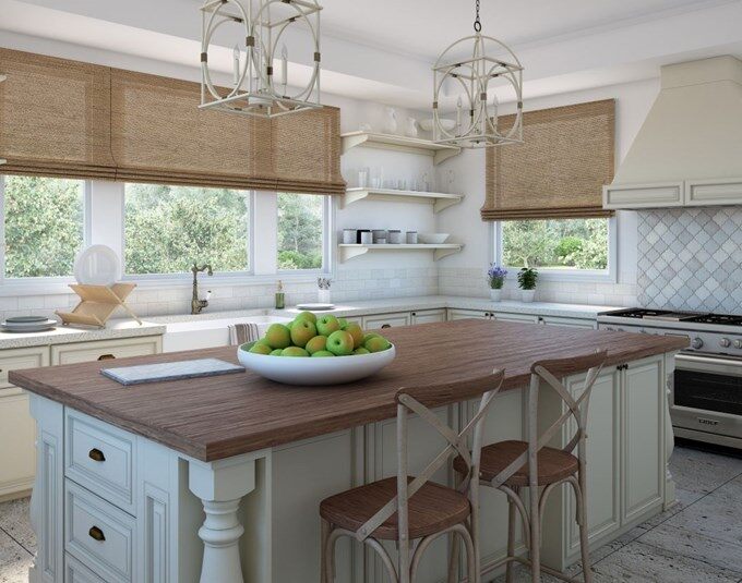 Levolor brand woven wood shades in a kitchen