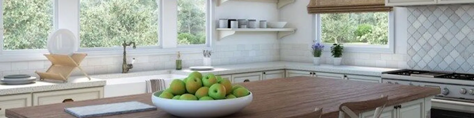 Levolor brand woven wood shades in a kitchen