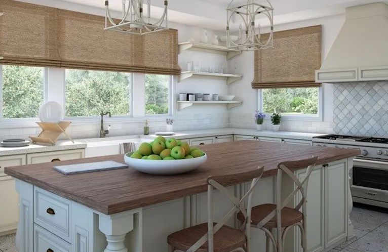 Levolor brand woven wood shades in a kitchen