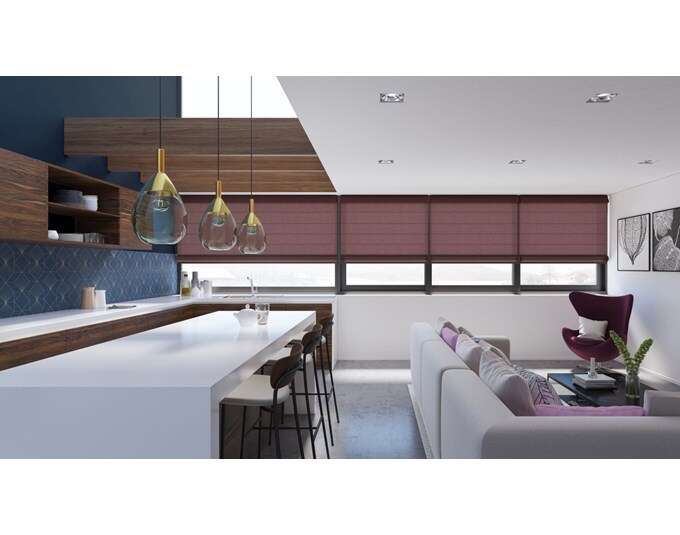 Levolor brand roman shades in an open concept kitchen to living room