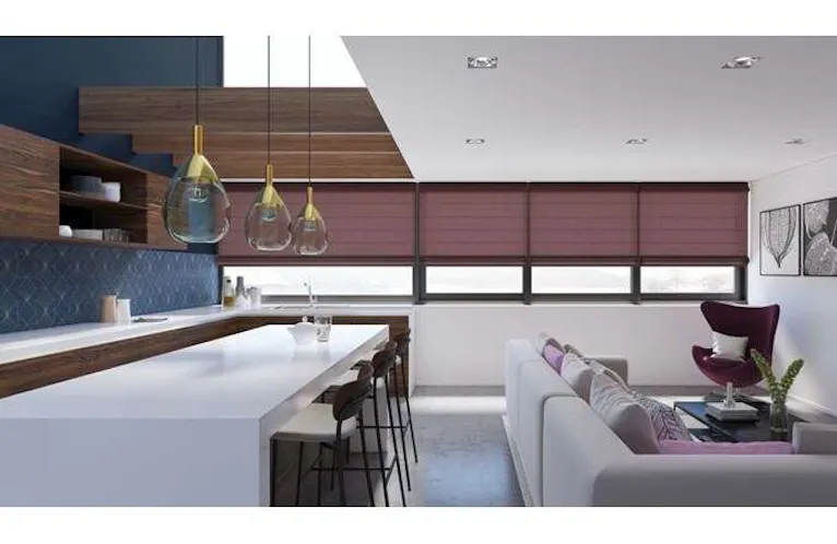 Levolor brand roman shades in an open concept kitchen to living room