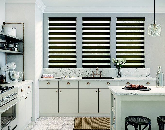 Levolor brand zebra shades in a kitchen