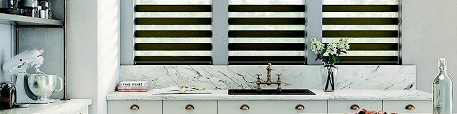 Levolor brand zebra shades in a kitchen