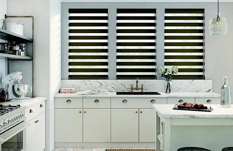 Levolor brand zebra shades in a kitchen