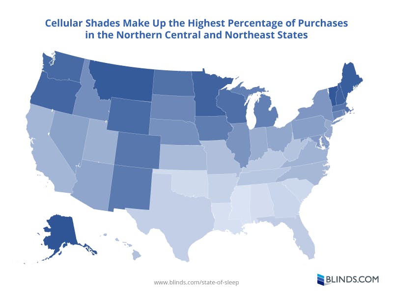Map showing percentage of cellular shade purchases by state. Data from Blinds.com.