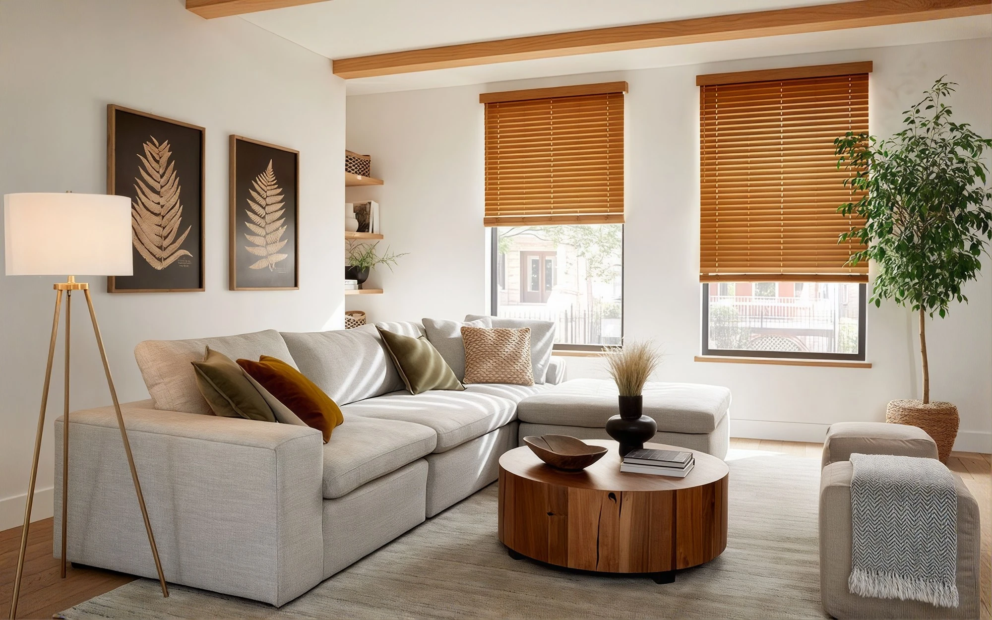 Faux wood blinds on windows