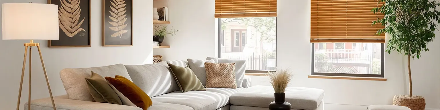 Faux wood blinds on windows
