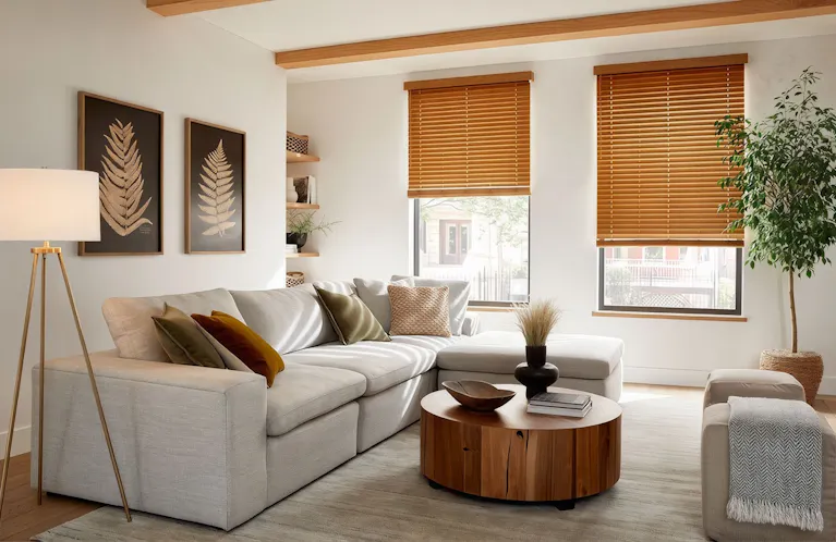 Faux wood blinds on windows