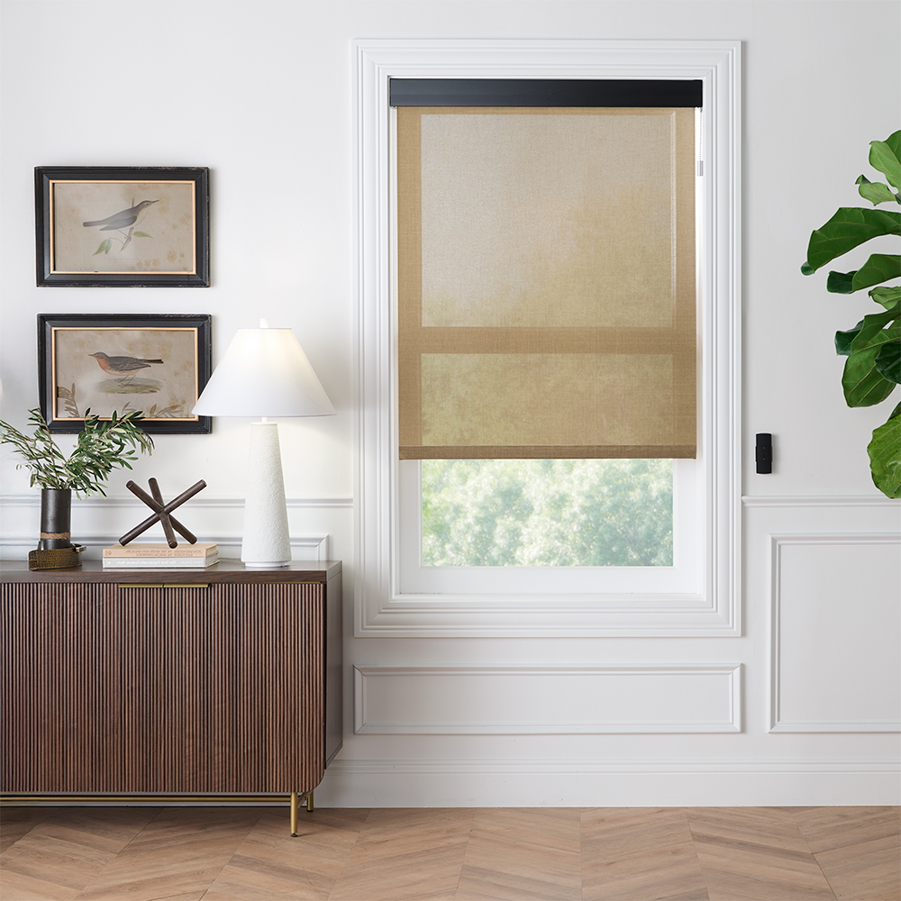 Window with solar shades that filter sunlight while preserving an outdoor view and reducing glare.