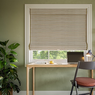 Home office with natural woven wood shades that bring texture and warmth to the space