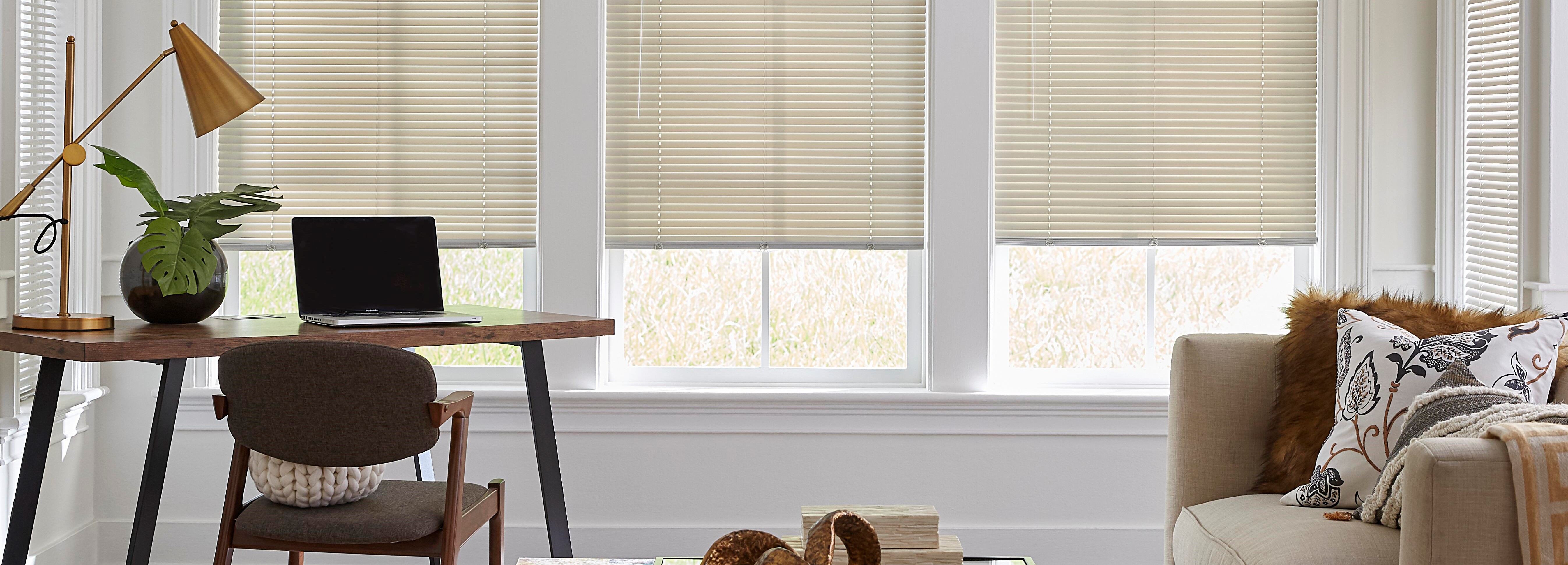 Cyber Monday sale header with a bright living room and white mini blinds