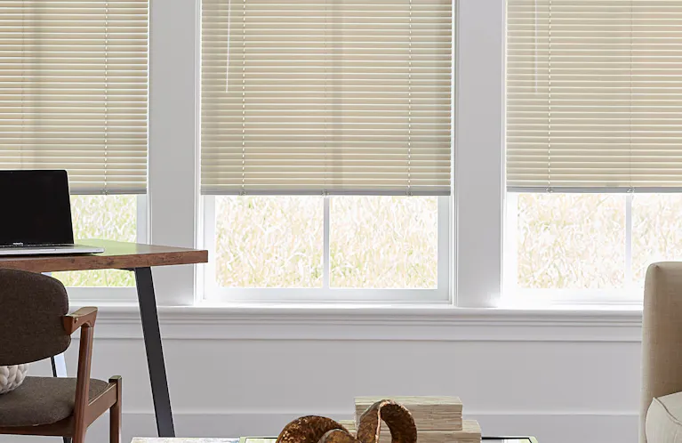 Cyber Monday sale header with a bright living room and white mini blinds