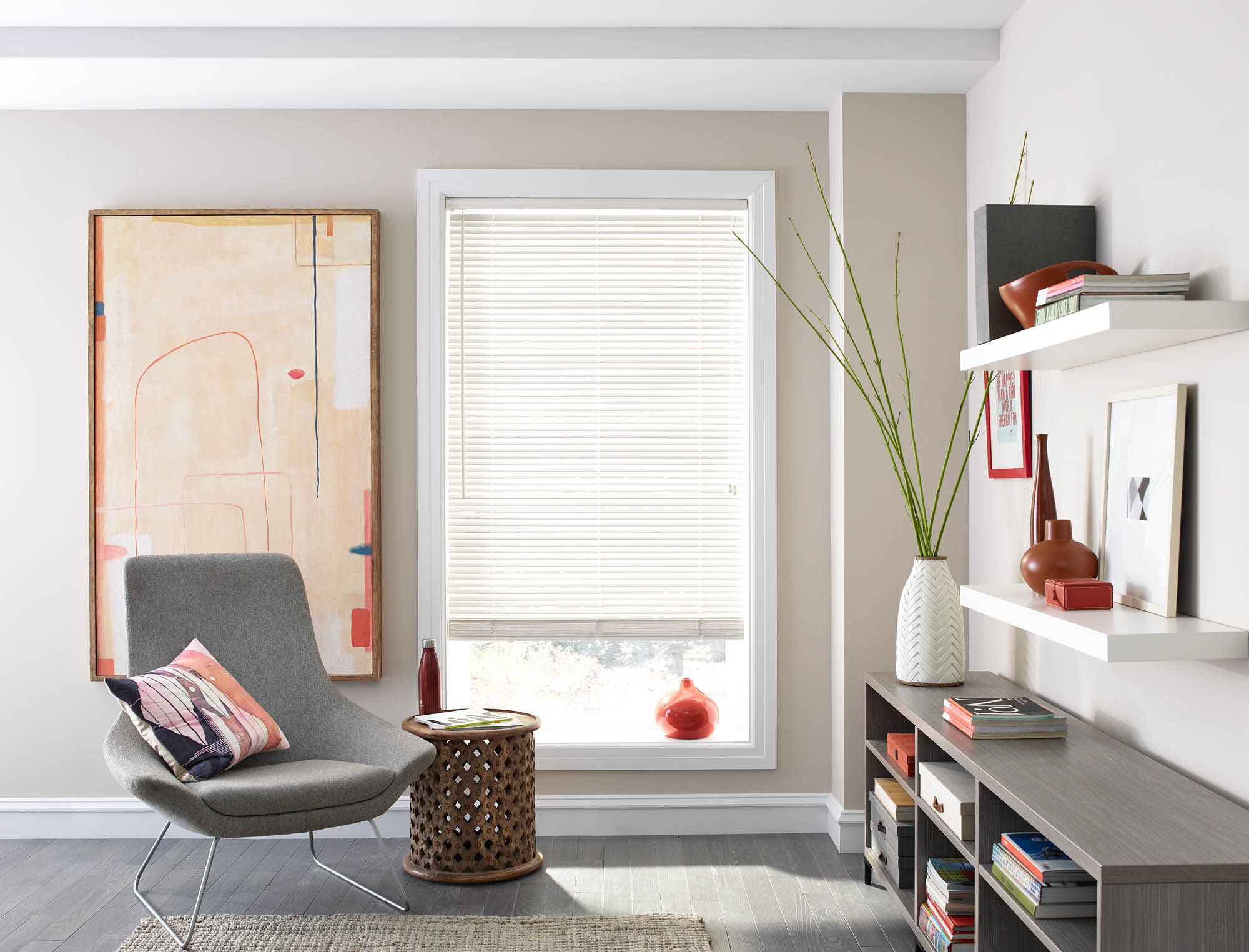 Wood blind on window