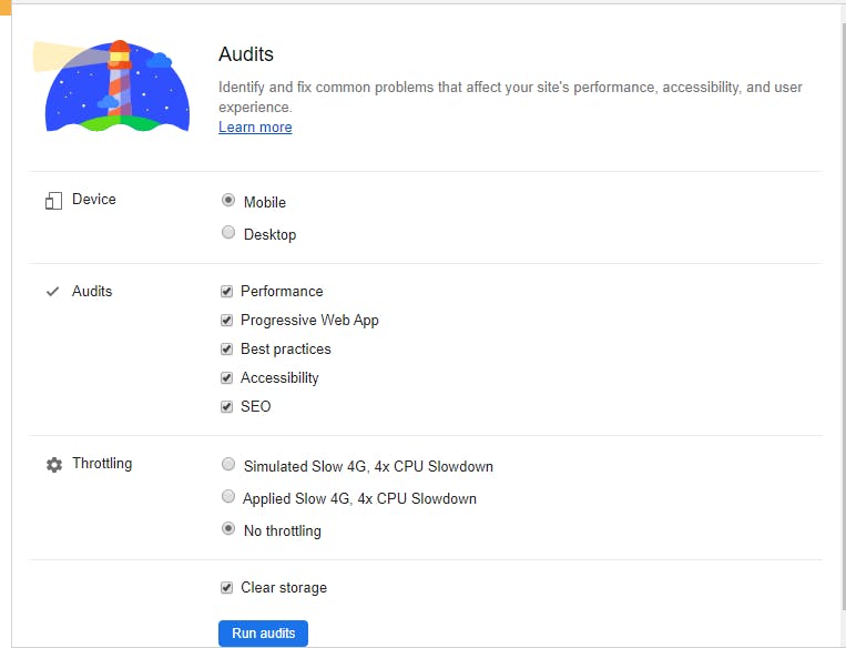 Google's Lighthouse audit options. Google's Lighthouse audit options.