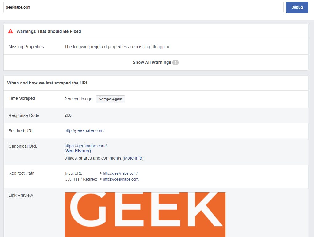 Facebook Sharing Debugger scrapped link example Facebook Sharing Debugger scrapped link example